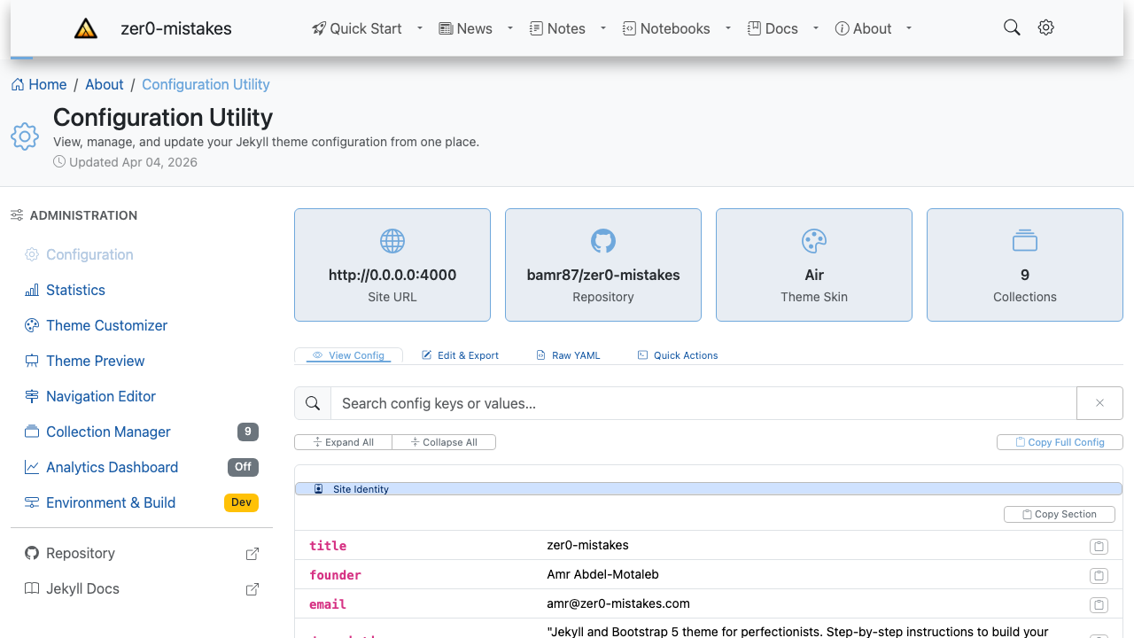 The Configuration Utility dashboard: summary cards for Site URL, Repository, Theme Skin, and Collections above a searchable, copyable config table, with the Administration sidebar on the left