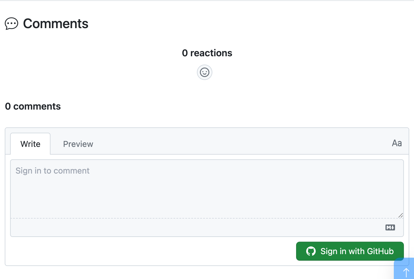 La section Comments d'un article affichant le widget Giscus fonctionnel : « 0 reactions » avec un bouton de réaction, « 0 comments », une zone de commentaire à onglets Write/Preview indiquant « Sign in to comment », et un bouton vert « Sign in with GitHub »