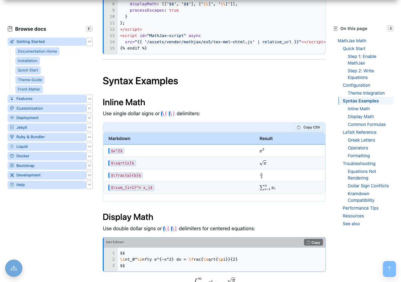 A table mapping LaTeX source to rendered output — \(x^2\), \(\sqrt{x}\), \(\frac{a}{b}\), and \(\sum_{i=1}^n x_i\) each typeset as real math by MathJax