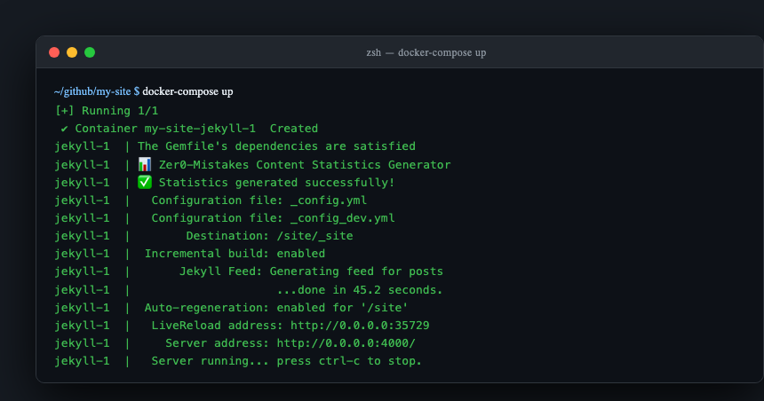 Sortie de docker-compose up montrant le démarrage de Jekyll