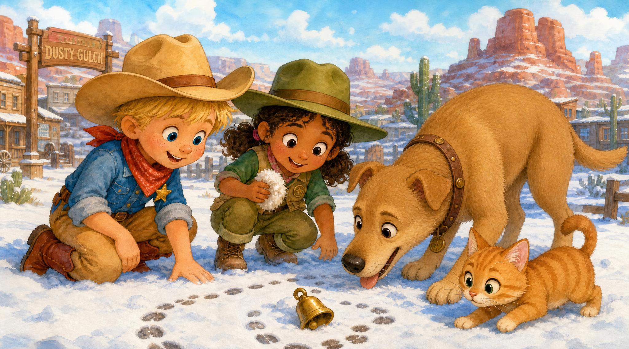 The friends crouch in the snow, studying the tiny mystery tracks, a tuft of white wool, and a little brass bell