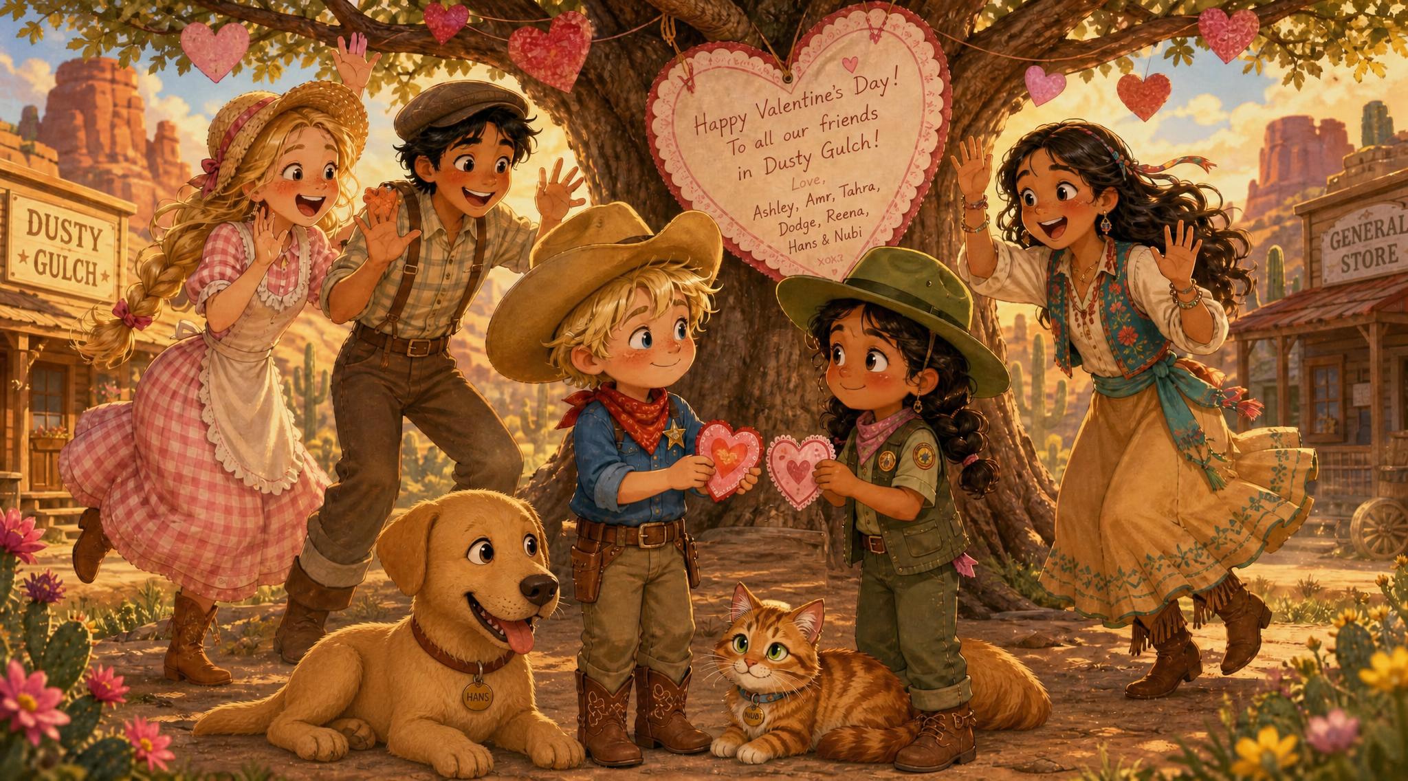 Ashley, Amr, and Tahra spring their surprise under the big oak tree, one enormous valentine hanging from its branches