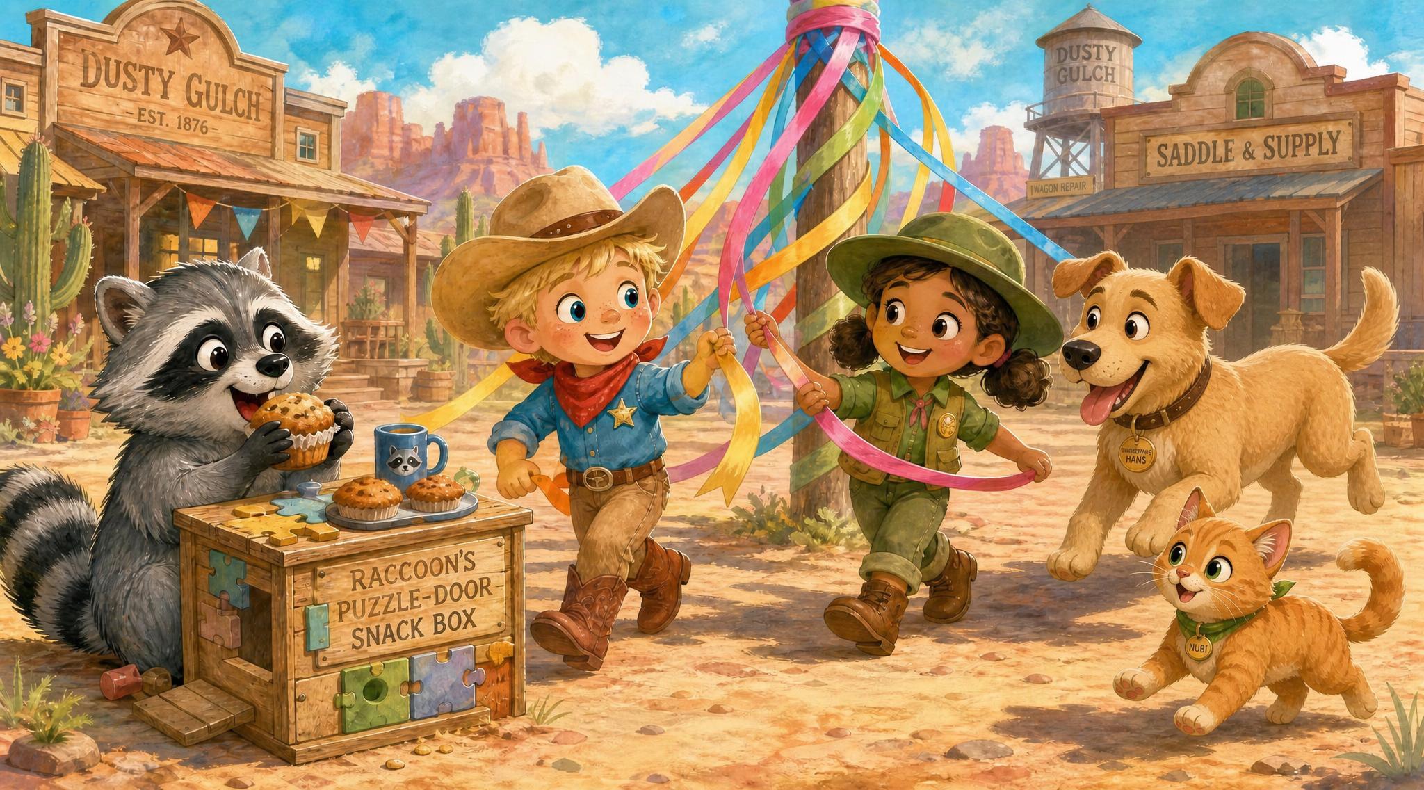 Dancers weave rainbow ribbons around the maypole while the raccoon happily munches a muffin from his own puzzle-door snack box