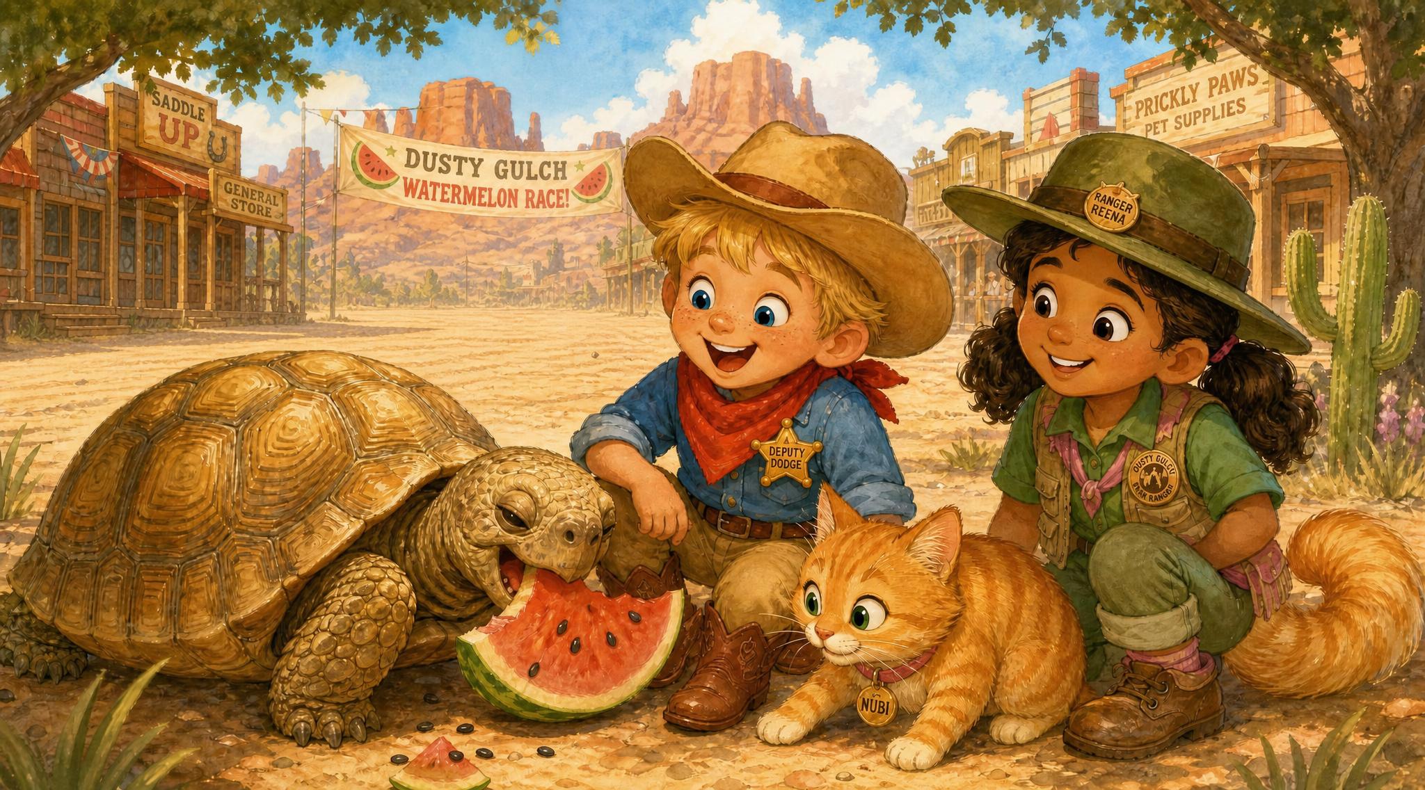 The old desert tortoise calmly munches the ripest watermelon under the race banner as the friends watch, amazed