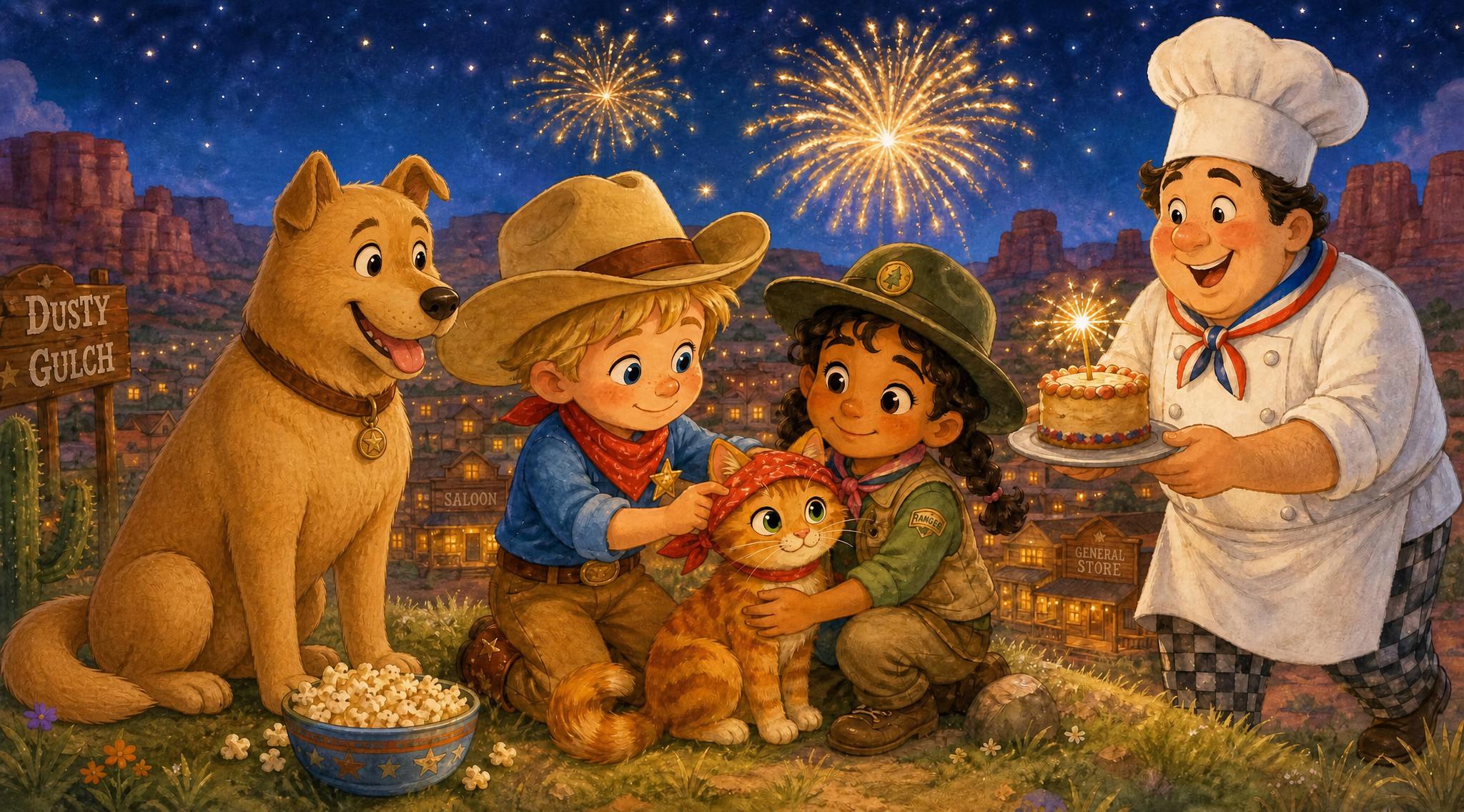 Fireworks bloom over Dusty Gulch as Dodge wraps his bandana over Nubi's ears and Chef Pierre arrives with the sparkler birthday cake