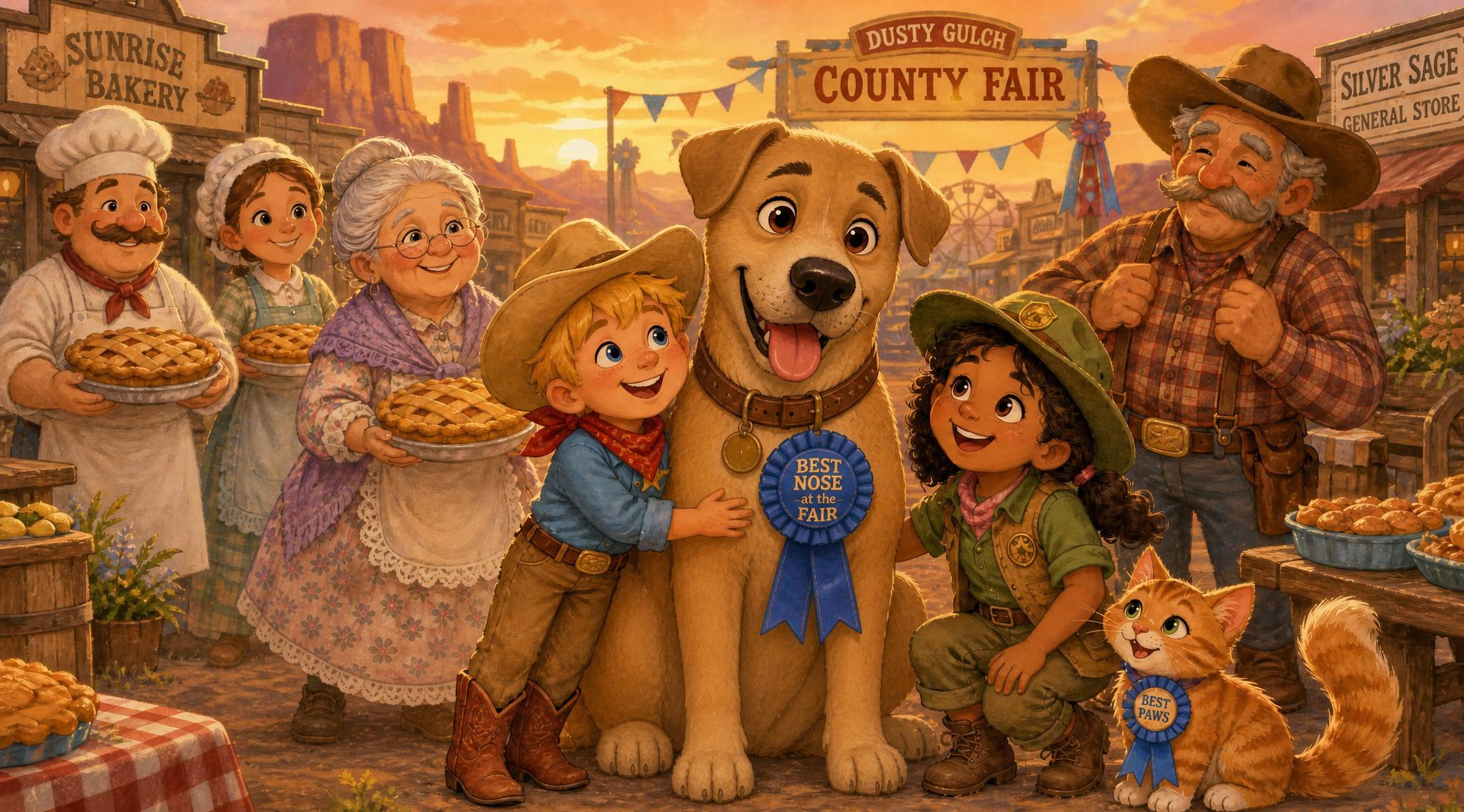 Hans proudly wears his blue “Best Nose at the Fair” ribbon, surrounded by happy bakers holding their pies