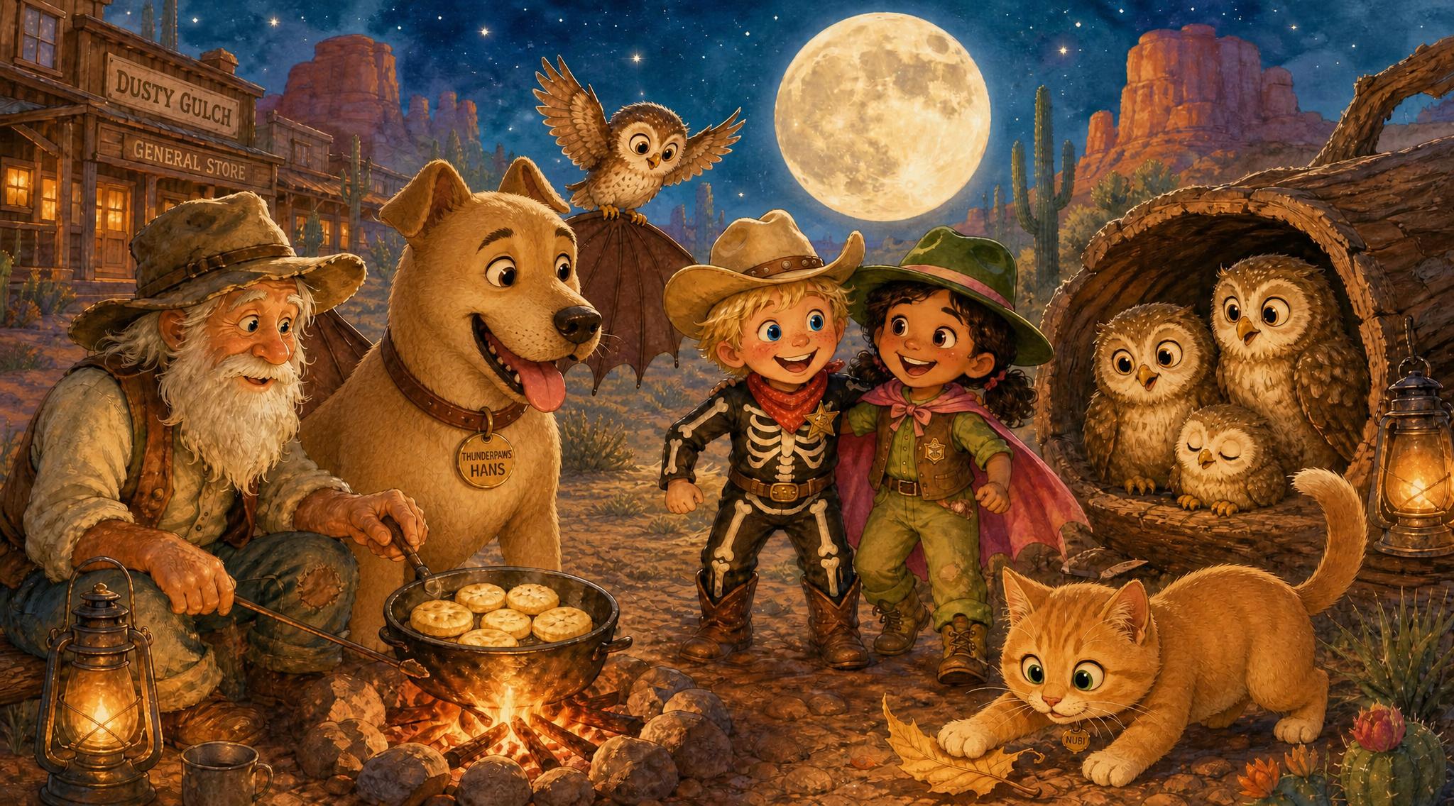 At the prospector's cozy campfire, biscuits sizzle while a hollow log full of sleepy owls hoots at the moon