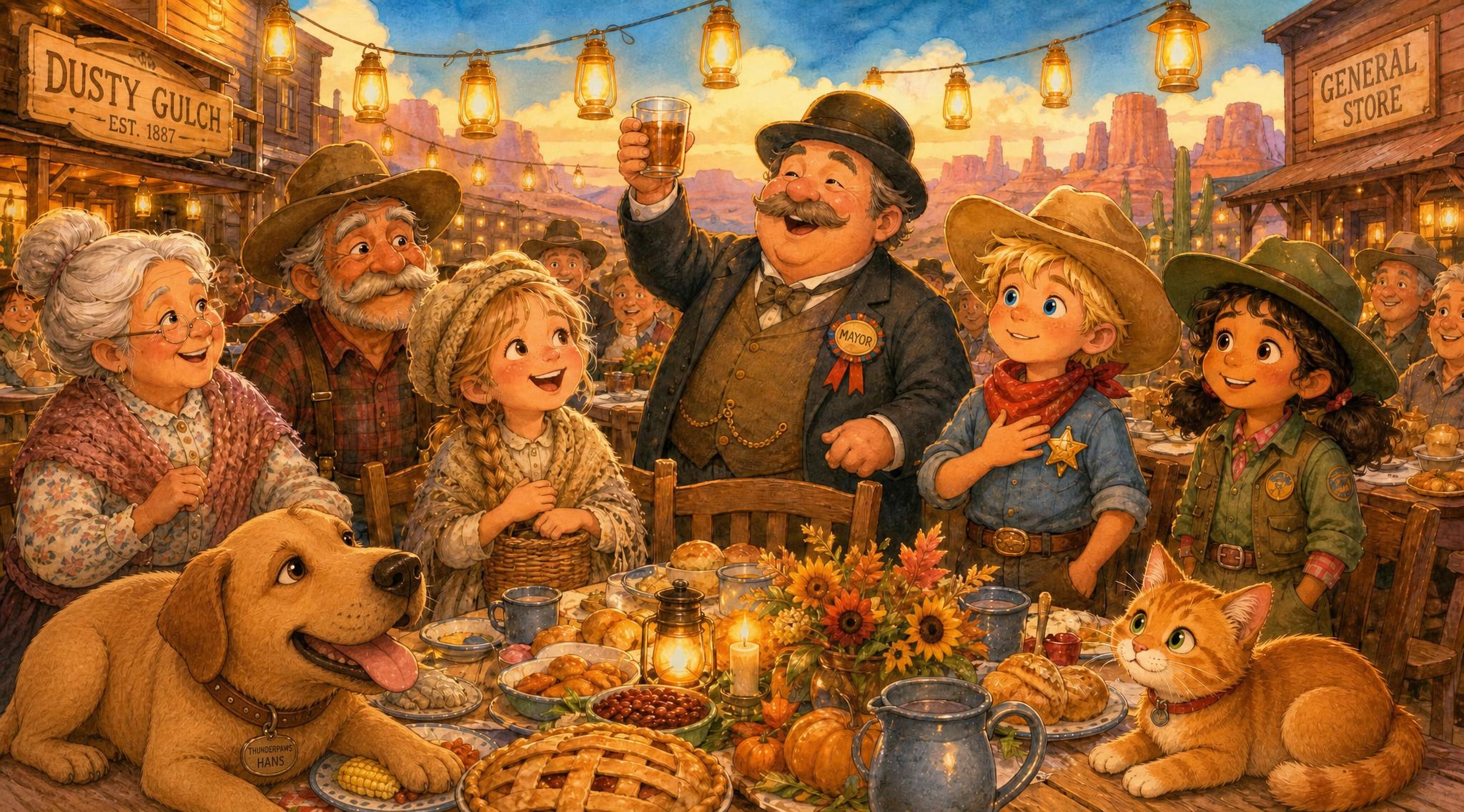 The whole town feasts at long lantern-lit tables piled with food, with Alex right in the middle of her new friends
